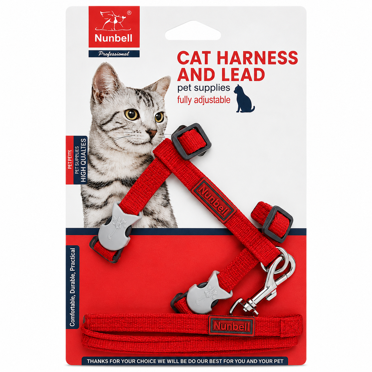 Nunbell harness & leash red fish lock for cat
