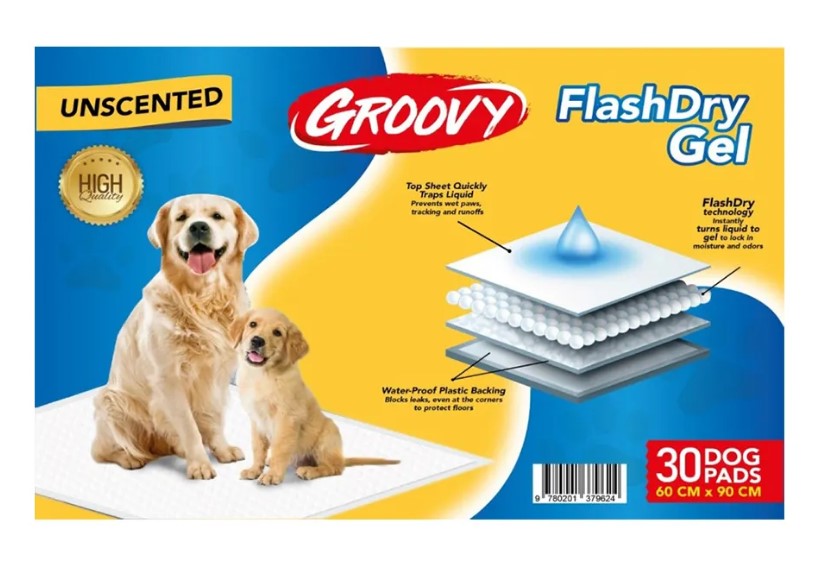 Groovy Flash Dry Gel Dog Training Pads Unscented (90x60cm)30 per pack