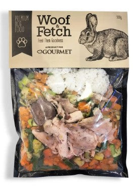 gourmet woof & fetch frozen wet dog food with rabbit 500gm
