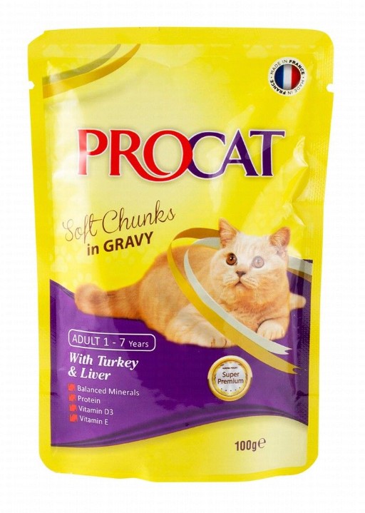 Procat Wet Food Chunks with Turkey & Liver in Gravy for Adult Cats100 gr