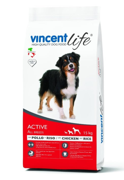 Vincent Life Dry Food with Chicken & Rice for Active Dogs 15KG