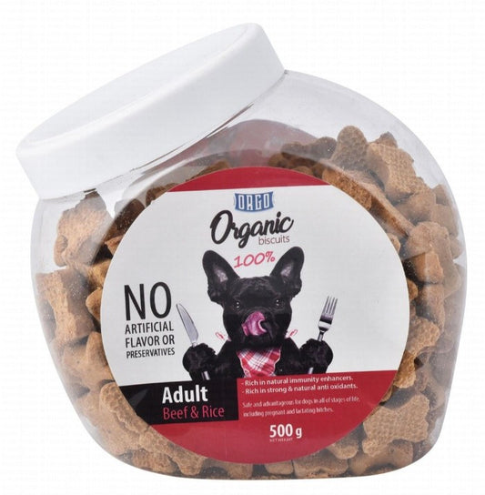 Orgo Organic Biscuit Treats with Beef & Rice for Adult Dogs - artificial flavors free  artificial preservatives free500 gr