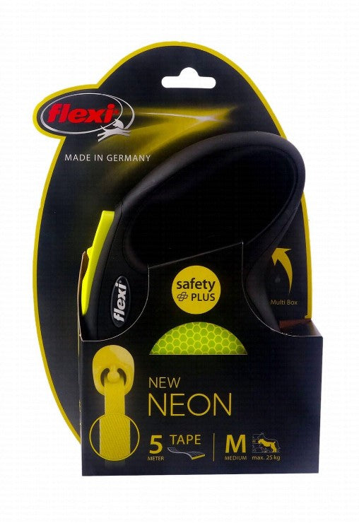 Flexi Neon Medium Black & Yellow 5m Retractable Tape Leash for Dogs (Up to 25kg)