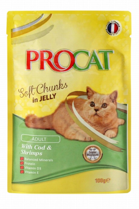 Procat Wet Food Chunks with Cod & Shrimps in Jelly for Adult Cats 100G