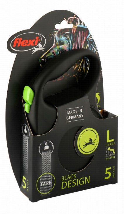 Flexi Design Large Black & Green 5m Retractable Tape Leash for Dogs (Up to 50kg)
