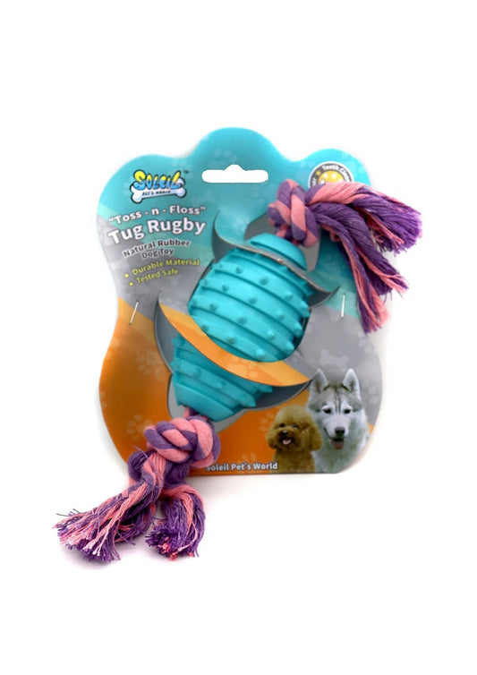 Soleil Toss-n-Floss Rubber Rugby Ball Shaped Dog Tug Toy with Rope
