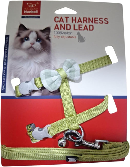 Nunbell harness & leash olive with bow for cat