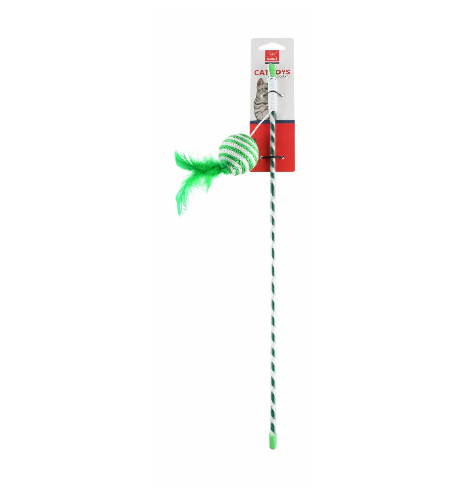 Nunbell Green & White Wand Cat Teaser Toy with Feathers