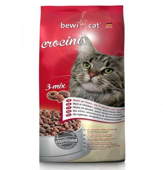 Bewi Cat Crocinis 3 Mix Dry Food with Chicken  Turkey & Fish for Sterilised Adult Cats 10 kg
