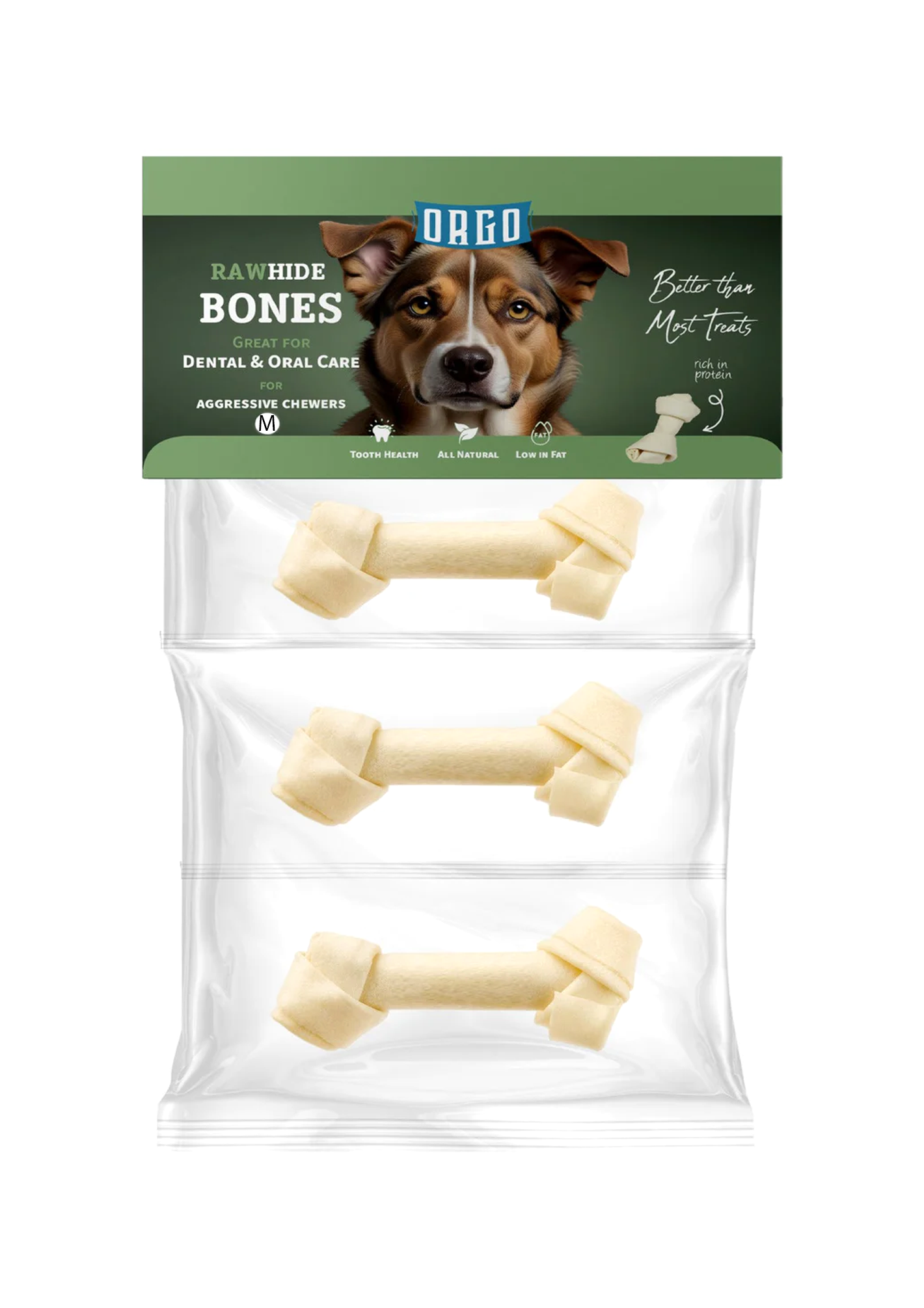 Orgo Medium White Rawhide Bone Dog Chew Treats 3 per pack