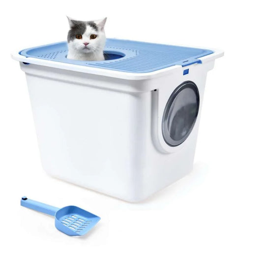 Naomi Blue & White Cat Litter Box with Scoop (55x44x39cm)