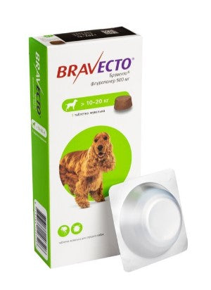 Bravecto 500mg Fluralaner Anti-Flea & Tick Chewable Tablets for Medium Breed Dogs (10-20kg)1 tablets