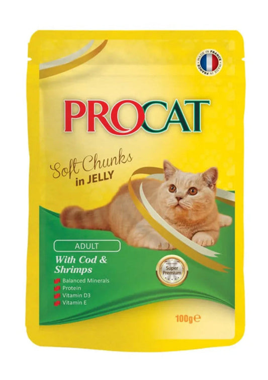 Procat Wet Food Chunks with Cod & Shrimps in Jelly for Adult Cats 100G