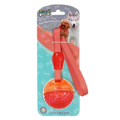 Soleil Toss-n-Floss Orange & Red Ball Dog Squeaky Toy with Nylon Band Handle